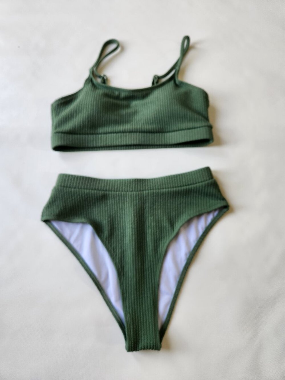 Green Ribbed Textured High Waisted Bikini Set Adjustable Strap 2 Piece Swimsuit